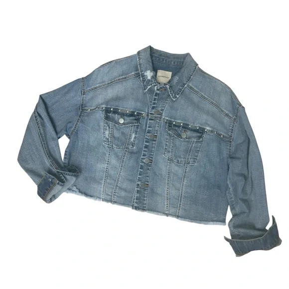 Liverpool Faded Blue Distressed Wide Long Sleeve Crop Denim Jean Jacket Medium - Picture 6 of 14